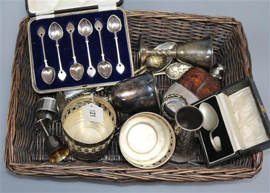 A silver-mounted plated hip flask and assorted plated ware